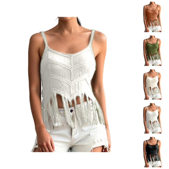 Fringe Crop Tank Tops for Women Summer Sleeveless Crochet Spaghetti Strap Beach Camisole