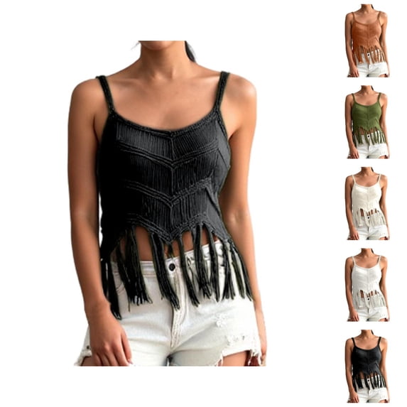 Fringe Crop Tank Tops for Women Summer Sleeveless Crochet Spaghetti Strap Beach Camisole