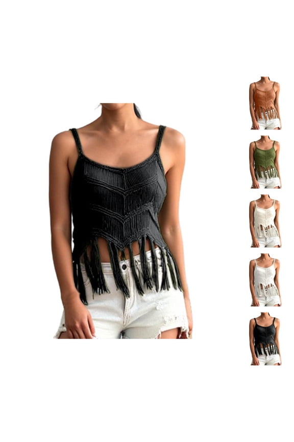 Fringe Crop Tank Tops for Women Summer Sleeveless Crochet Spaghetti Strap Beach Camisole