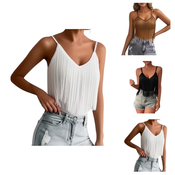Fringe Crop Tank Tops for Women V Neck Spaghetti Strap Tassel Camisole Top Y2k Going out Tops