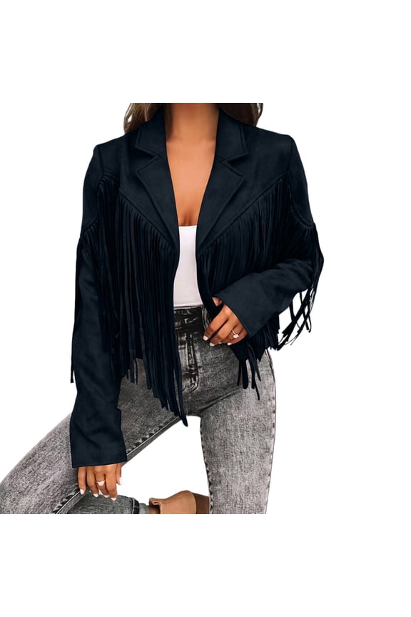 Fringe Cropped Jacket For Women Notched Collar Long Sleeve Tops Fall Casual Western Cowgirl Motorcycle Open Front Coat