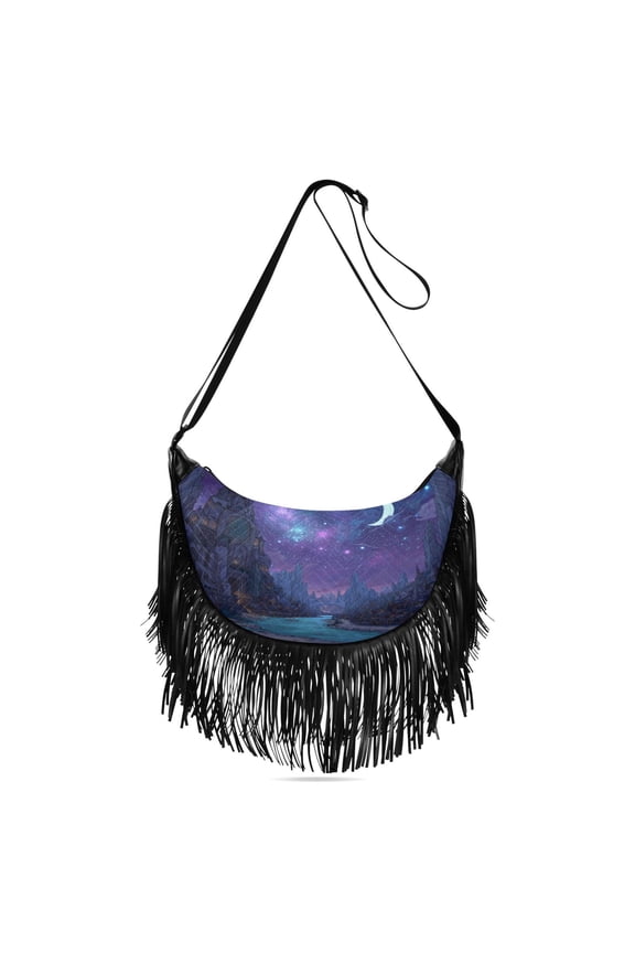 Fringe Crossbody Bag Women's Crossbody Handbags 13.39x6.69x3.62Inch Bank Card Bag Cash Bag Key Bag Go Shopping Fashion Alien Fantasy Purple City