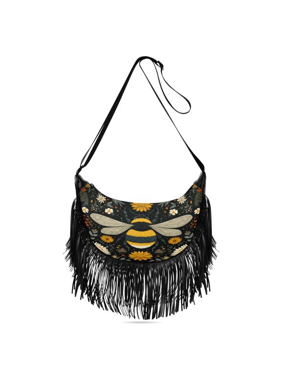 Fringe Crossbody Bag Women's Crossbody Handbags 13.39x6.69x3.62Inch Bank Card Bag Cash Bag Key Bag Go Shopping Fashion Beautiful Bumblebee Illustration