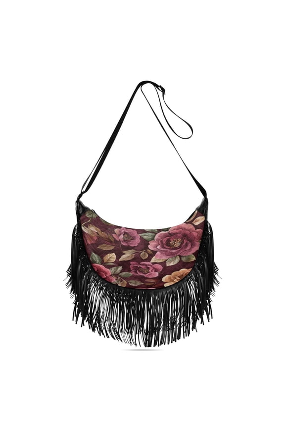 Fringe Crossbody Bag Women's Crossbody Handbags 13.39x6.69x3.62Inch Bank Card Bag Cash Bag Key Bag Go Shopping Fashion Cartoon Maroon Roses Seamless