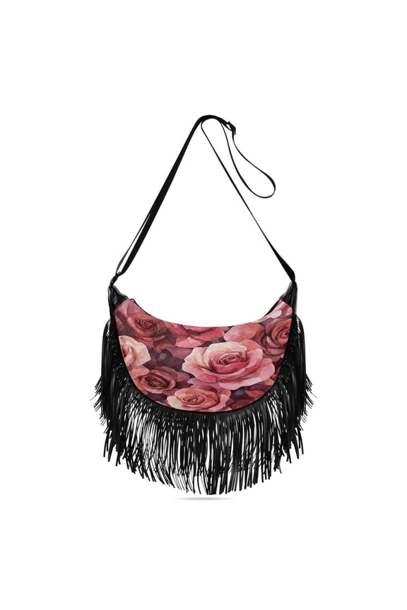 Fringe Crossbody Bag Women's Crossbody Handbags 13.39x6.69x3.62Inch Bank Card Bag Cash Bag Key Bag Go Shopping Fashion Cartoon Maroon Roses