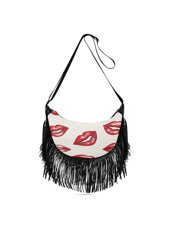 Fringe Crossbody Bag Women's Crossbody Handbags 13.39x6.69x3.62Inch Bank Card Bag Cash Bag Key Bag Go Shopping Fashion Cartoon Red Lips