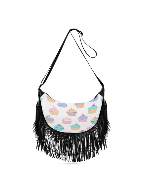 Fringe Crossbody Bag Women's Crossbody Handbags 13.39x6.69x3.62Inch Bank Card Bag Cash Bag Key Bag Go Shopping Fashion Cupcake Pattern Pastel