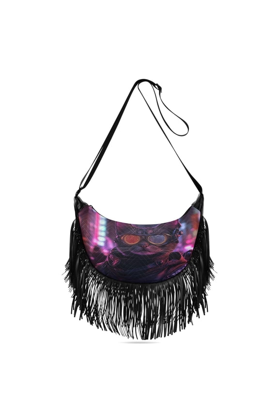 Fringe Crossbody Bag Women's Crossbody Handbags 13.39x6.69x3.62Inch Bank Card Bag Cash Bag Key Bag Go Shopping Fashion Cyberpunk Cool Cat