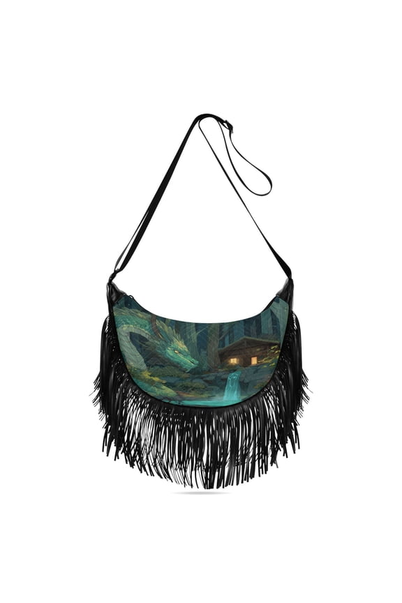 Fringe Crossbody Bag Women's Crossbody Handbags 13.39x6.69x3.62Inch Bank Card Bag Cash Bag Key Bag Go Shopping Fashion Green Dragon Forest Cabin