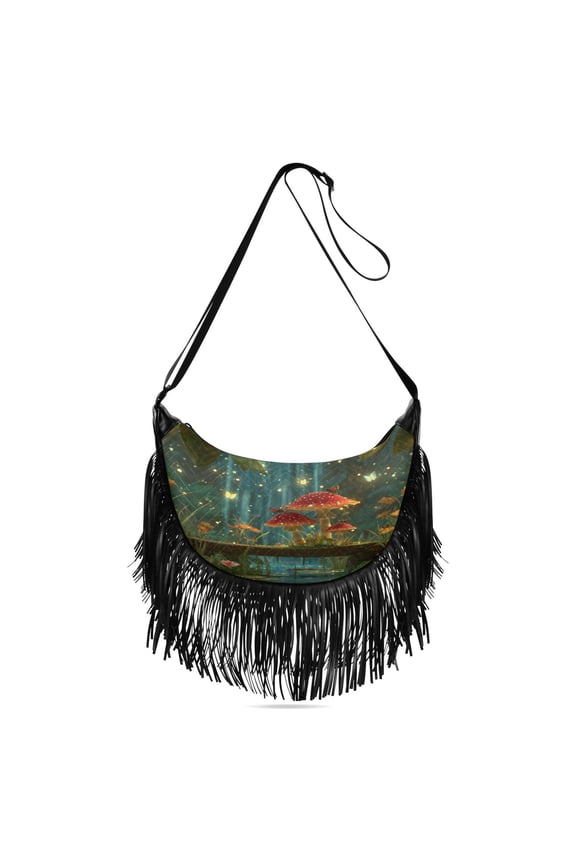 Fringe Crossbody Bag Women's Crossbody Handbags 13.39x6.69x3.62Inch Bank Card Bag Cash Bag Key Bag Go Shopping Fashion Moonlight Waterfall Mushroom