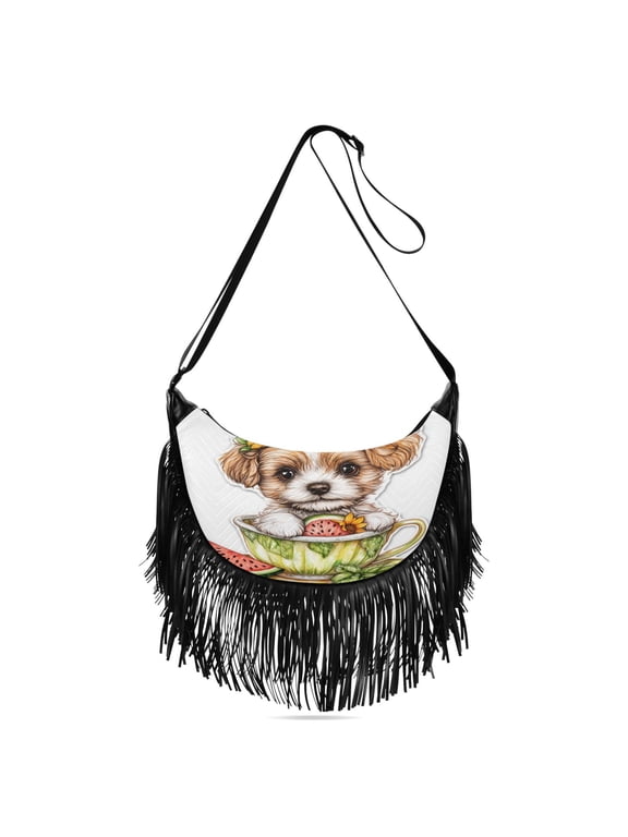 Fringe Crossbody Bag Women's Crossbody Handbags 13.39x6.69x3.62Inch Bank Card Bag Cash Bag Key Bag Go Shopping Fashion Teacup Cute Puppy