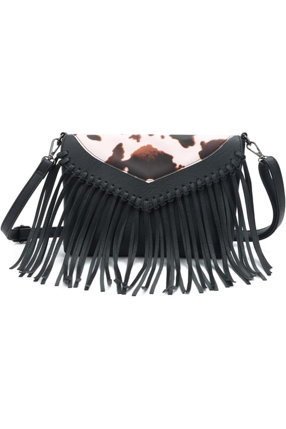 Fringe Crossbody Purse for Women Western Cowgirl Purse Leather Tassel Fanny Packs Black Handbags