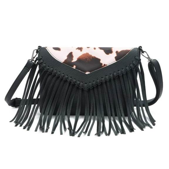 Fringe Crossbody Purse for Women Western Cowgirl Purse Leather Tassel Fanny Packs Black Shoulder Handbags