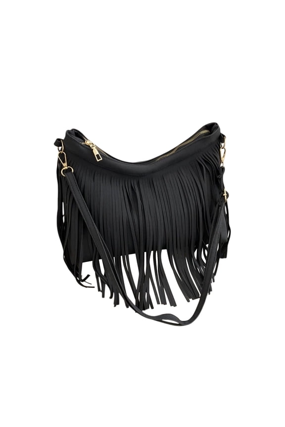 Fringe Crossbody Purse with Strap, Fashion Women Fringe Hobo Bag, Country Style Western Fringe Purse, Tassel Hippie Crossbody Bag Black
