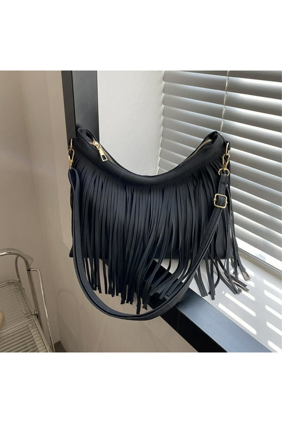 Fringe Crossbody Shoulder Bag with Strap, Tassel Messenger bag, Country Style Western Fringe Purse for Women, Black