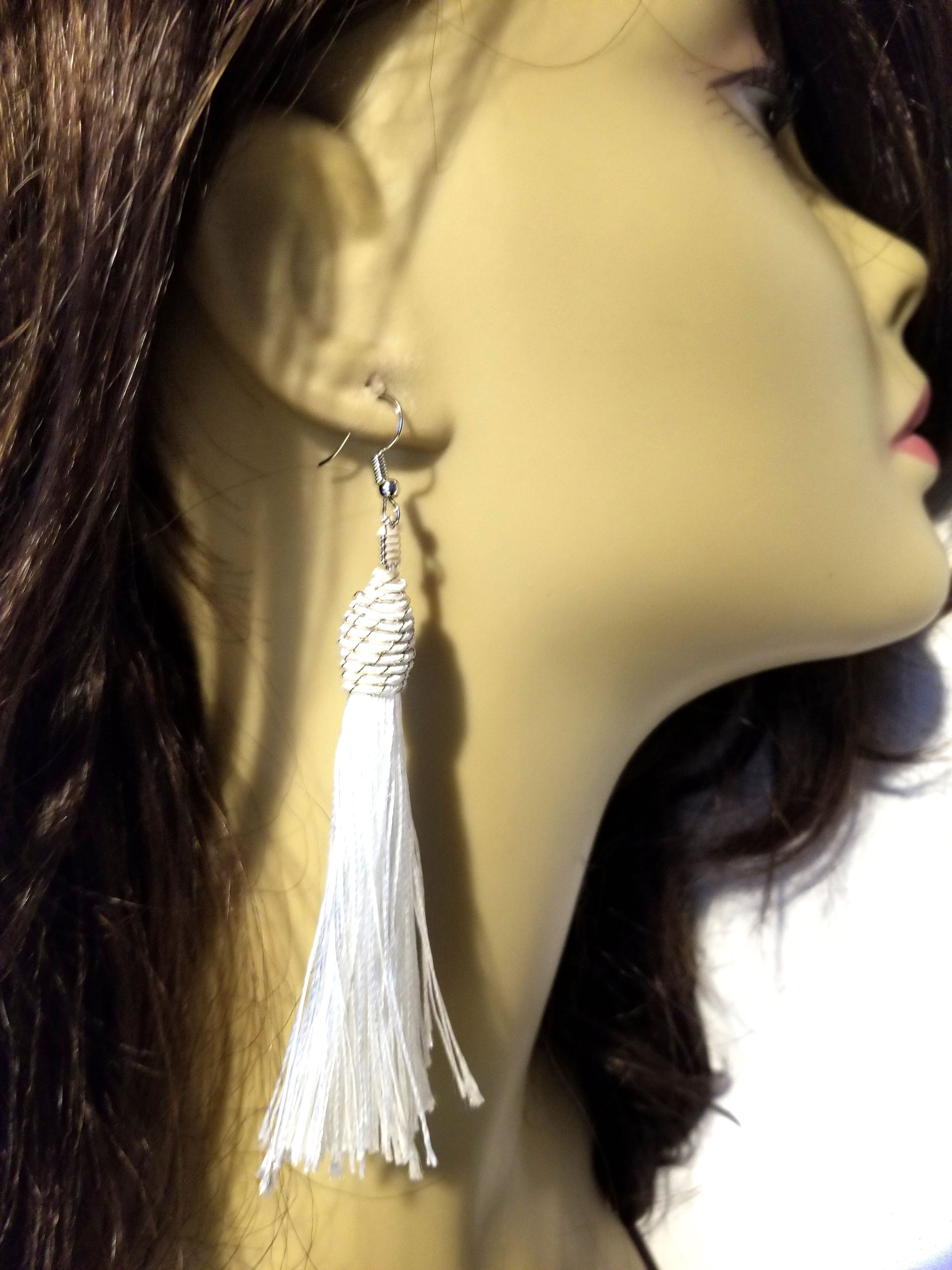 Fringe Dangle White Earrings inch Long Lightweight