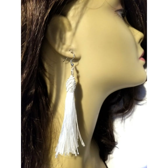 Fringe Dangle White Earrings 4.5 inch Long Lightweight