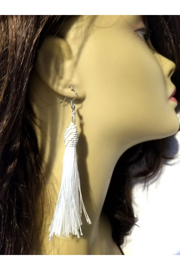 Fringe Dangle White Earrings 4.5 inch Long Lightweight