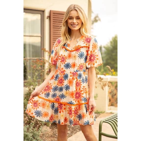 VOY Fringe Detailed Yoke & Hem Floral Dress, Women's S