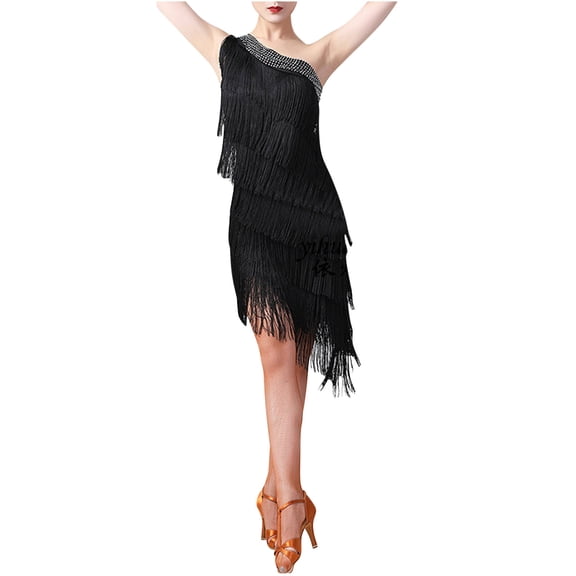 Fringe Dress Women Tassel Flapper Dress One Shoulder Dance Costume Black One Size