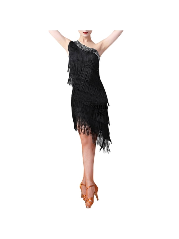 Fringe Dress Women Tassel Flapper Dress One Shoulder Dance Costume Black One Size