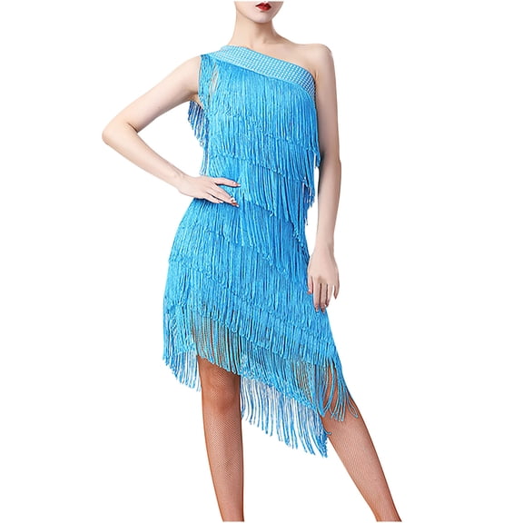 Fringe Dress Women Tassel Flapper Dress One Shoulder Dance Costume Blue One Size