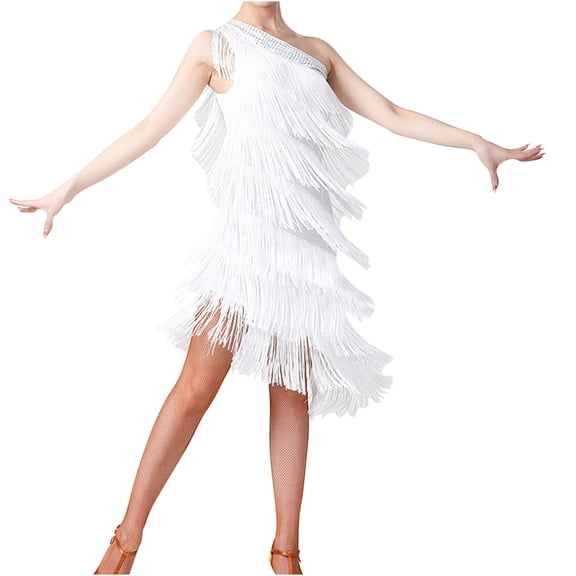 Fringe Dress Women Tassel Flapper Dress One Shoulder Dance Costume White One Size