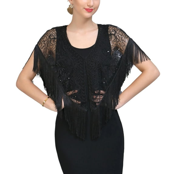 Fringe Flapper Beaded Sequin Formal Shawl Wrap Capelet Evening Shrug Cardigan