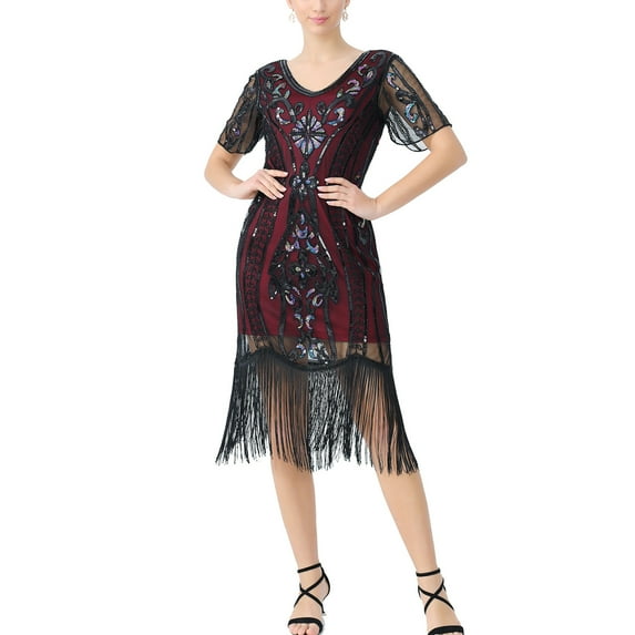 Fringe Flapper Outfit 1920S Sequined Short Sleeve Tassel Hem Long Dresses