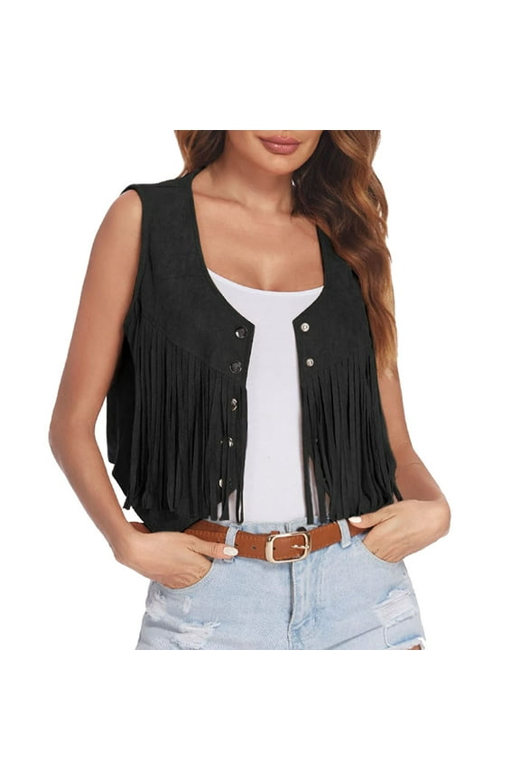 Fringe Hippie Vest Women Suede Leather Open Front Vest Sleeveless 70s Hippie Cropped Jacket Boho Cowgirl Jacket
