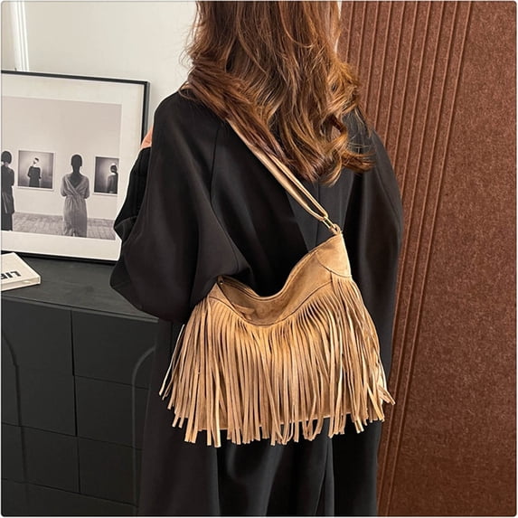 Fringe Hobo Bags for Women Vintage Crossbody Bag Hippie Western Cowgirl Purses (Khaki One Size)