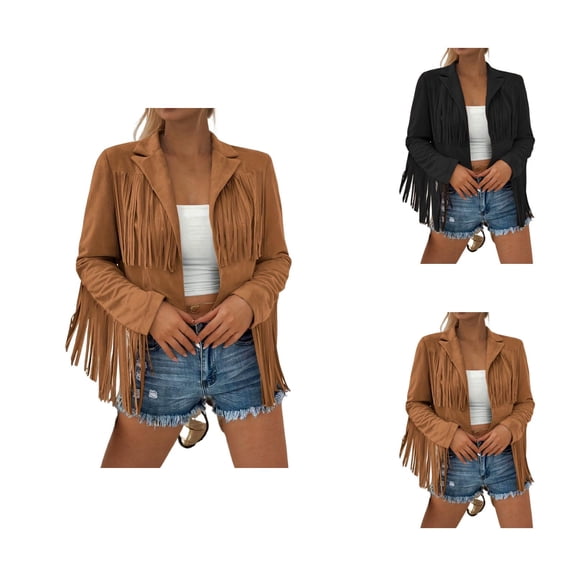 Fringe Jacket for Women 70S Hippie Cowgirl Western Long Sleeve Slim Fit Notched Lapel Tassel Cropped Coat Outerwear