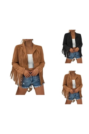 Fringe Jacket for Women 70S Hippie Cowgirl Western Long Sleeve Slim Fit Notched Lapel Tassel Cropped Coat Outerwear