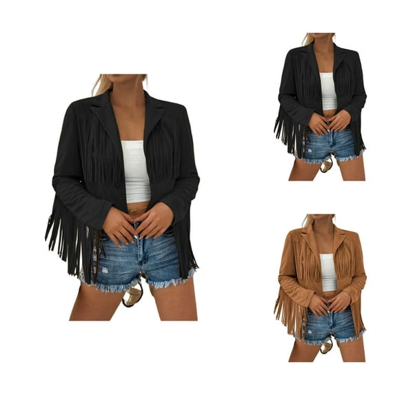 Fringe Jacket for Women 70S Hippie Cowgirl Western Long Sleeve Slim Fit Notched Lapel Tassel Cropped Coat Outerwear