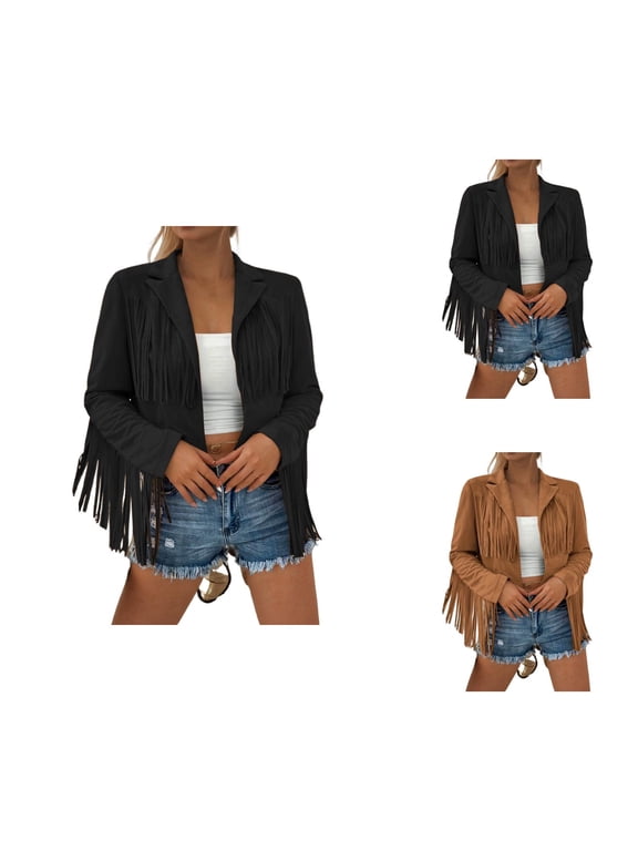 Fringe Jacket for Women 70S Hippie Cowgirl Western Long Sleeve Slim Fit Notched Lapel Tassel Cropped Coat Outerwear