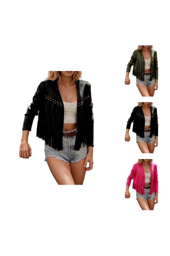 Fringe Jackets Women Western Cowgirl Faux Suede Rivet Long Sleeve Cropped Tessel Jacket 70s Hippie Open Front Outerwear