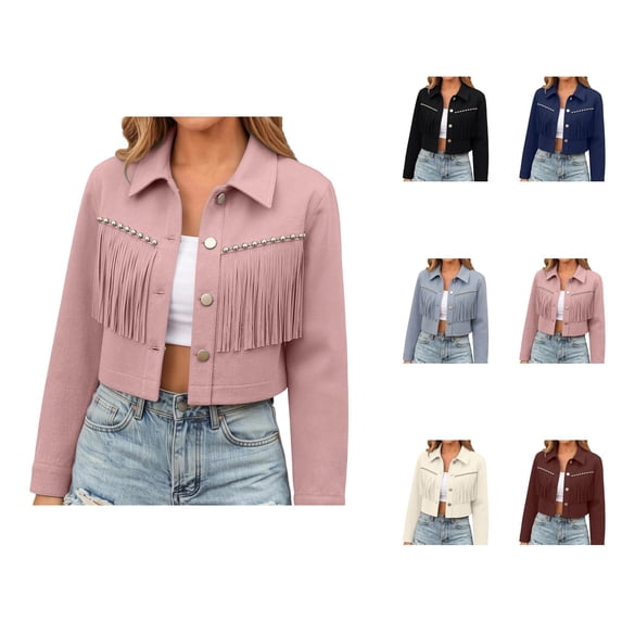 Fringe Jackets Women Western Cowlgirl Long Sleeve Button Down Collared Tassel Suede Cropped Coats Country Concert Tops