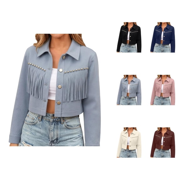 Fringe Jackets Women Western Cowlgirl Long Sleeve Button Down Collared Tassel Suede Cropped Coats Country Concert Tops