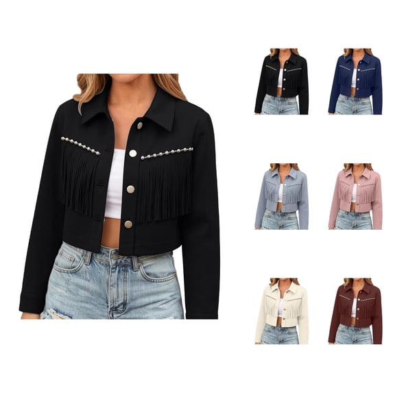 Fringe Jackets Women Western Cowlgirl Long Sleeve Button Down Collared Tassel Suede Cropped Coats Country Concert Tops