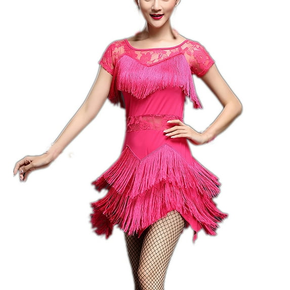 Fringe Lace Short Sleeve 1920's 20s Flapper Style Dance Outfits Dresses Pink