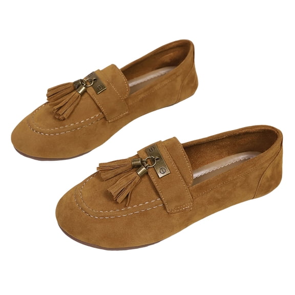 Fringe Loafers for Women Suede Round Toe Trendy Stitching Slip on Pennty Loafers Antislip Casual Flat Walking Shoes Brown Size 6.5