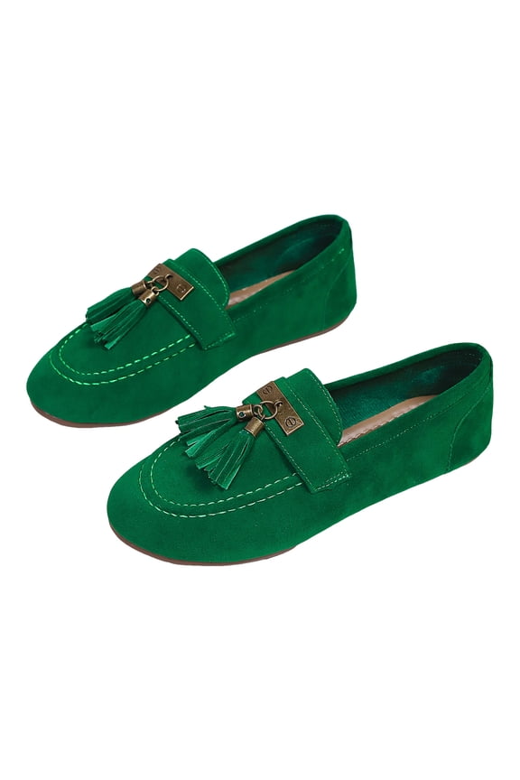 Fringe Loafers for Women Suede Round Toe Trendy Stitching Slip on Pennty Loafers Antislip Casual Flat Walking Shoes Green Size 9.5