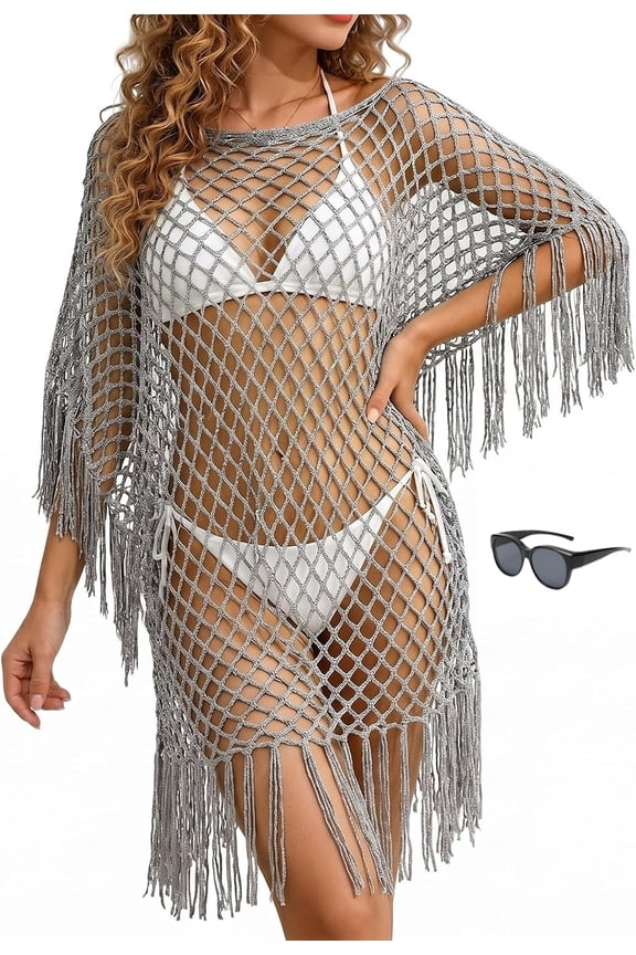 Fringe Mesh Hollow Out Pullover Boho Crochet Cover Up Lightweight Summer Beach Poncho Top For Swimwear And Vacation Wear