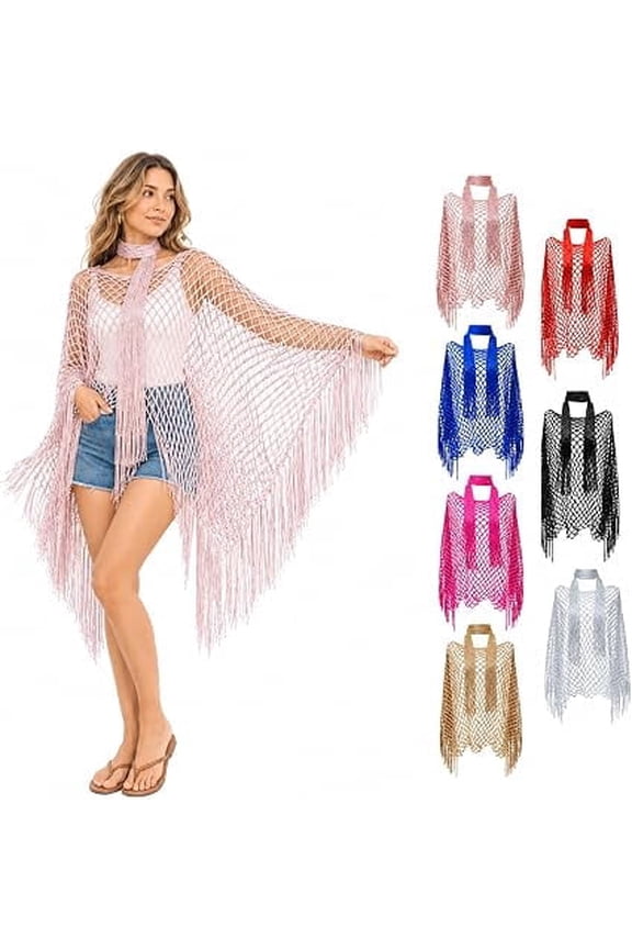 Fringe Mesh Hollow Out Pullover, Women's Boho Crochet Beach Cover Up with Tassels, Lightweight Poncho Top for Resort(RL Pink)