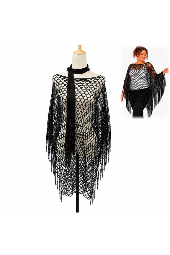 Fringe Mesh Hollow Out Pullover, Women's Crochet Beach Cover Up with Tassel Hem, Loose Hollow Knit Poncho Top for Swimwear & Vacation