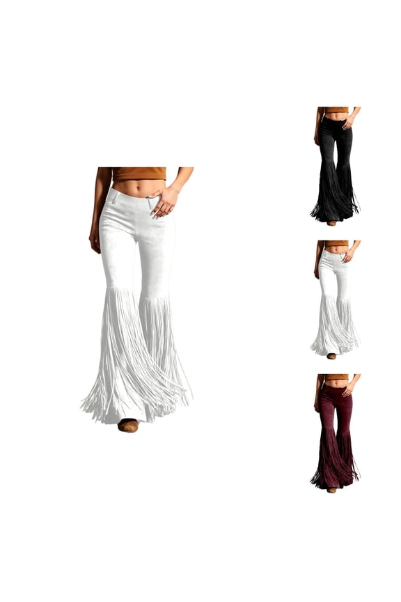 Fringe Pants for Women High Waisted Tassel Suede Trousers Casual Western Cowgirl Stretch Bodycon Flared Leggings Pants