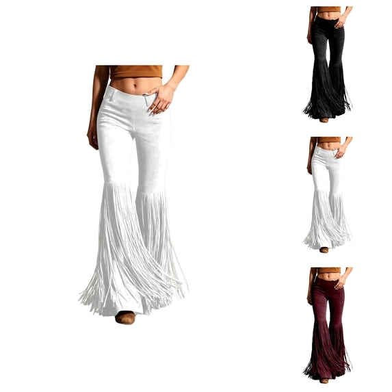 Fringe Pants for Women High Waisted Tassel Suede Trousers Casual Western Cowgirl Stretch Bodycon Flared Leggings Pants