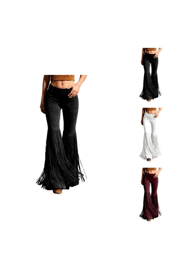 Fringe Pants for Women High Waisted Tassel Suede Trousers Casual Western Cowgirl Stretch Bodycon Flared Leggings Pants