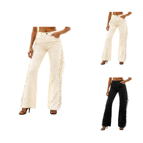 Fringe Pants for Women Vintage Western Cowgirl High Waisted Fringe Trim Tassel Suede Flared Bodycon Pants