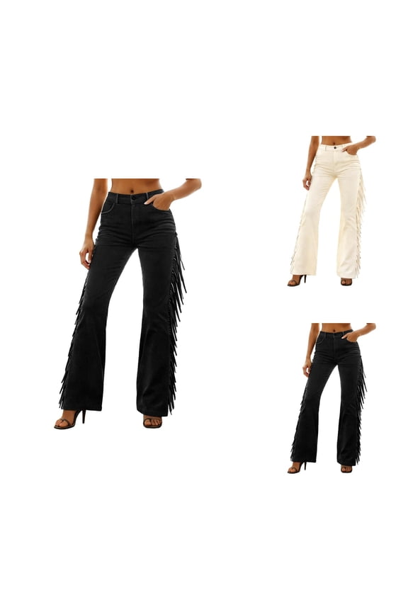 Fringe Pants for Women Vintage Western Cowgirl High Waisted Fringe Trim Tassel Suede Flared Bodycon Pants